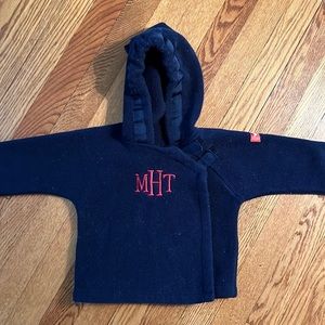 12 month navy blue Widgeon fleece jacket with personalization in red (MHT)